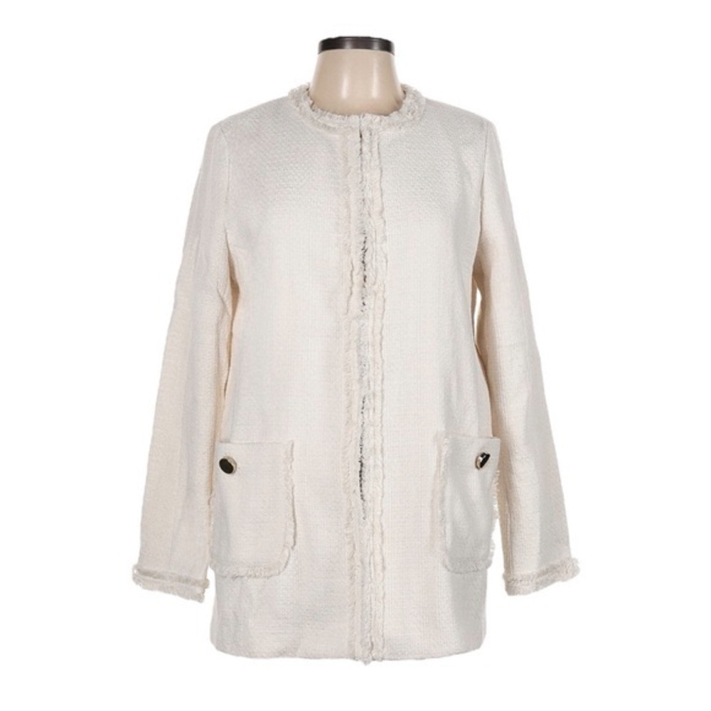 Catherine Malandrino Ivory Tweed Fringe Longline Coat Jacket Size 10 NWT Classic